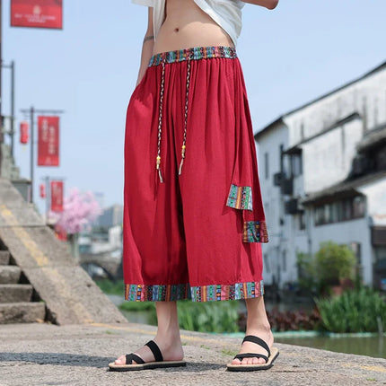 Pantaloncini kimono giapponese Costume da samurai in lino da uomo Ukiyo-e Cintura con stampa Pantaloni a gamba larga Retro Haori Pantaloni casual larghi Harajuku da uomo