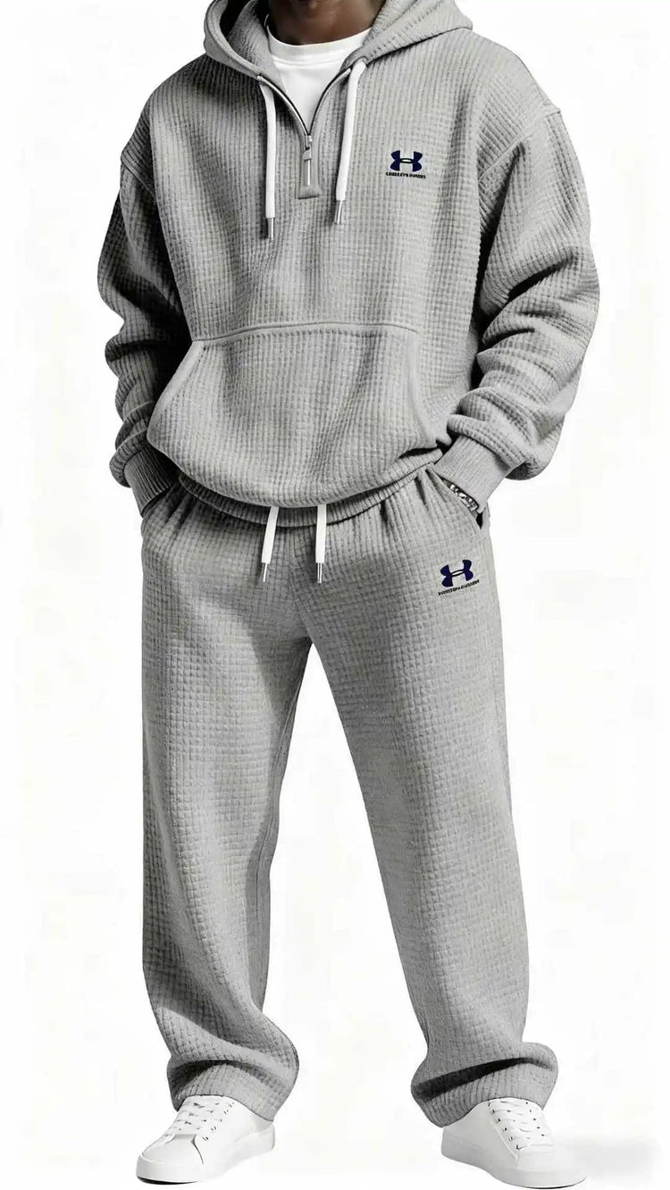 Autumn and Winter Waffle Hooded Sweatshirt Sweatpants Set 3D Printed Casual Sports Suit Men PlatiNum