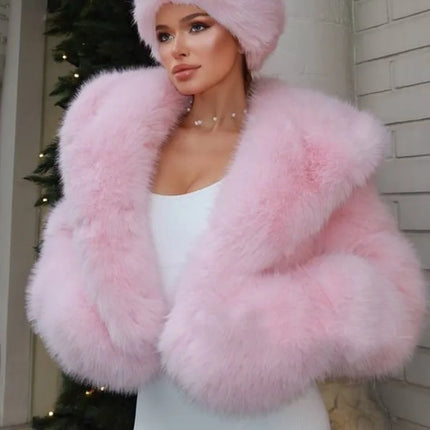 BKQU Winter Pink Imitation Fur Coat Elegant Big Fur Trim Hood Women's Jacket Warm Plush Cropped Sweet Lady Faux Fur Coat  2026