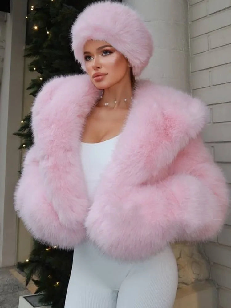 BKQU Winter Pink Imitation Fur Coat Elegant Big Fur Trim Hood Women's Jacket Warm Plush Cropped Sweet Lady Faux Fur Coat  2026
