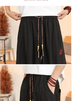 Pantaloni neri da uomo estivi leggeri e larghi in stile retrò giapponese, pantaloni harem casual traspiranti e comodi con elastico in vita