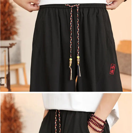 Pantaloni neri da uomo estivi leggeri e larghi in stile retrò giapponese, pantaloni harem casual traspiranti e comodi con elastico in vita