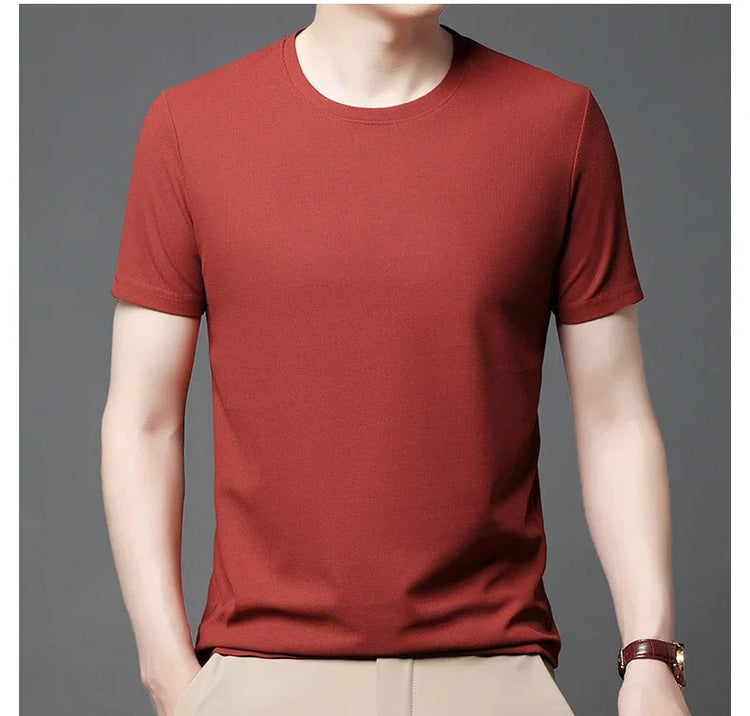 New Summer Waffle Round Neck Short Sleeved T-shirt for Men's Short Sleeved Top PlatiNum