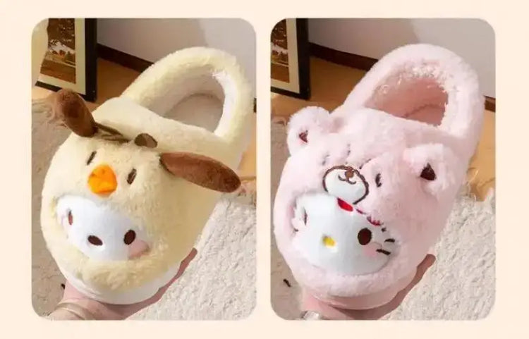 Anime Winter Plush Slippers Kuromi Hello Kitty Cinnamoroll Sanrioed Kawaii Cartoon Cute Indoor Thicken Warm Home Slippers
