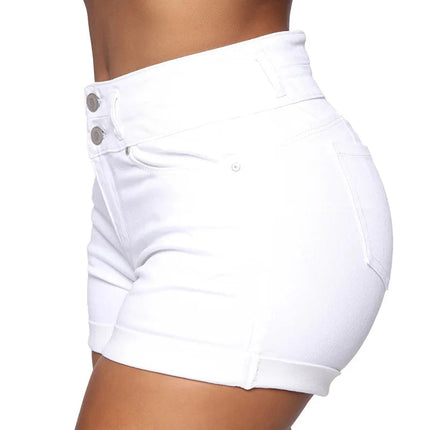 Liooil Cotton Stretchy High Waist Jean Shorts Woman Summer 2023 Casual Sweat With Pocket Zipper White Black Cuffed Denim Shorts PlatiNum