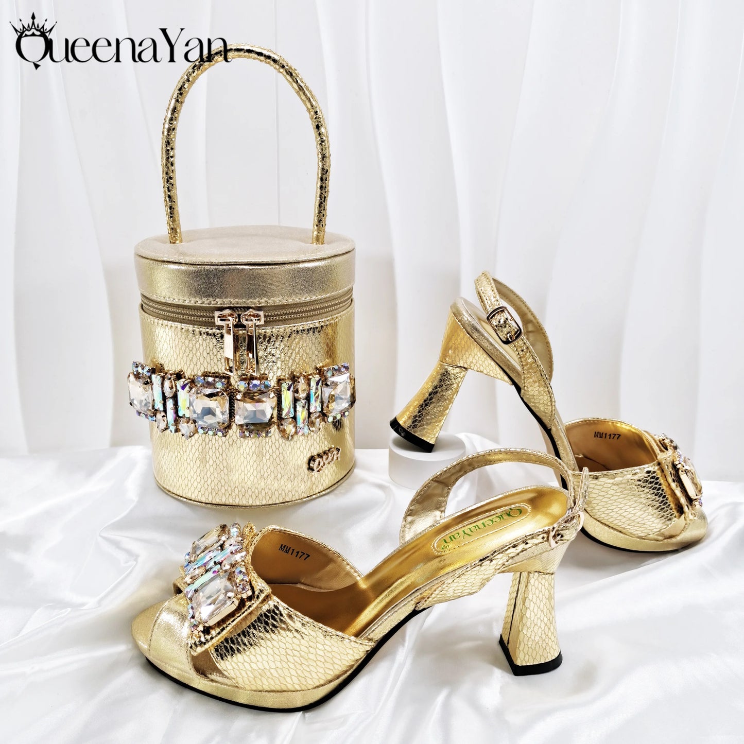 Queena Yan Nigerian-Inspired Rhinestone High Heels With Colourful Bucket Bag Fashionable Womens Footwear And Accessories Set