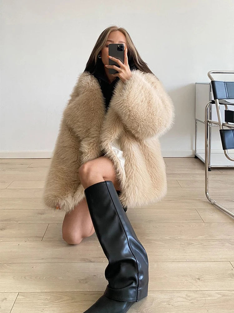 ZADORIN Korean Style Winter Warm Coat Women Mid Length Lapel Loose Faux Fox Fur Coat Luxury Overcoat Fluffy Fur Jacket Tops
