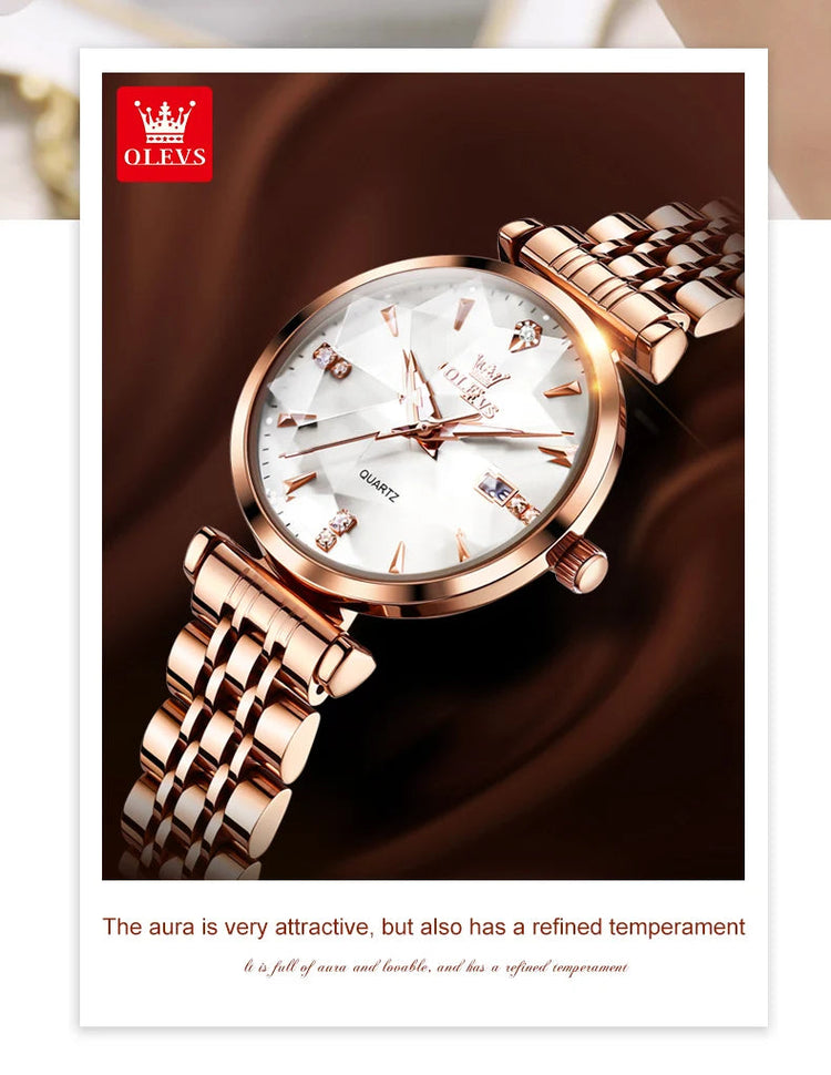OLEVS 5536 Orologio da donna al quarzo con diamanti di marca di lusso Moda elegante orologio da donna impermeabile in oro rosa con bracciale Set Reloj Mujer platinumshop