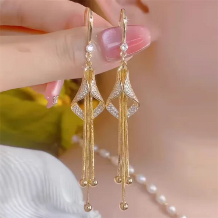 Green Shiny Zircon Flower Drop Earrings For Women Luxury Crystal Long Tassel Ear Line Hanging Earring Girls Wedding Jewelry Gift PlatiNum