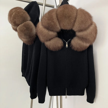 OFTBUY Real Fox Fur Kintwear Women New Spring Autumn Hooded Sweater Female Loose Zipper Kintted Jacket Oversized Cardigan