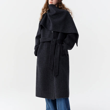 DUSHU Double-faced Wool Coat Detachable Scarf Collar Korean Style Thickened Woolen Long Overcoat for Winter Commute
