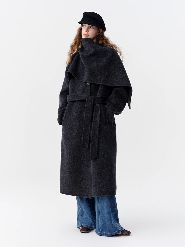 DUSHU Double-faced Wool Coat Detachable Scarf Collar Korean Style Thickened Woolen Long Overcoat for Winter Commute