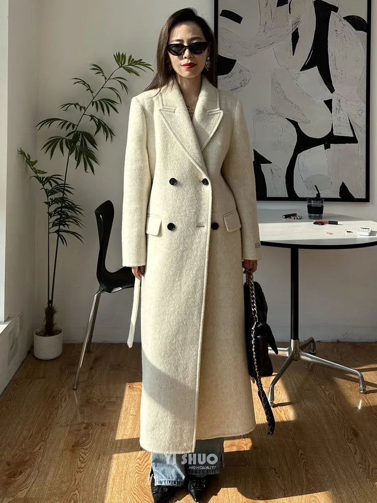 High-end White Thick Double-sided Wool Cashmere Coat Long Women Fashion Casual Loose Lapel Lace-up Woolen Jacket Autumn Winter