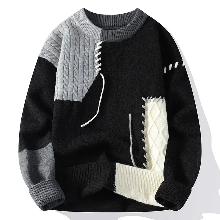 Men Knitted Jumpers Patchwork Sweater O Neck Pullovers Spliced Long Sleeve Jumper Slight Strech Standard Wool 2024 Casual
