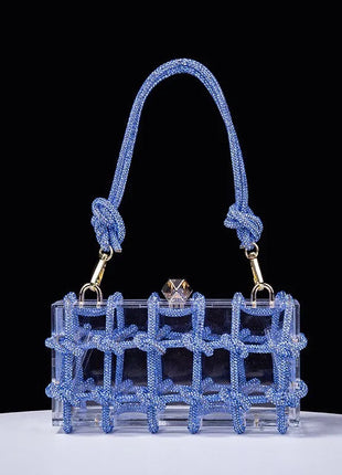 Classic 2025 Acrylic Box Bag with Woven Diamond Rope Handheld Evening Women's Bag Transparent Dinner Handbag European Style PlatiNum