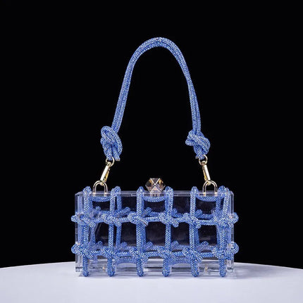 Classic 2025 Acrylic Box Bag with Woven Diamond Rope Handheld Evening Women's Bag Transparent Dinner Handbag European Style PlatiNum