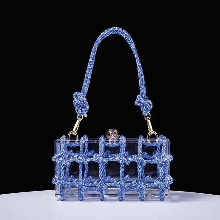 Classic 2025 Acrylic Box Bag with Woven Diamond Rope Handheld Evening Women's Bag Transparent Dinner Handbag European Style PlatiNum