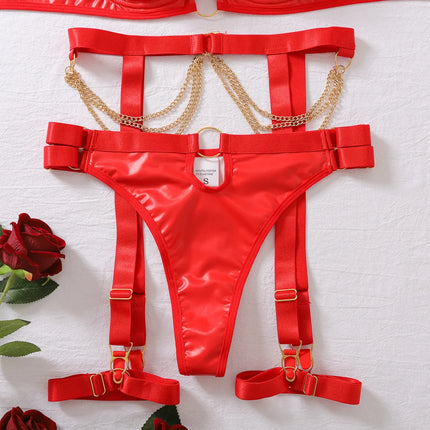Foreign trade hot nightclub temptation metal chain sexy lingerie set spicy girl charming adjustable bra four piece set for women