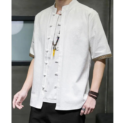 Camicie da Uomo Ricamate in Stile Cinese Retrò, Traspiranti in Lino, Comode, Casual Kung Fu, Abito Tang con Colletto Rialzato