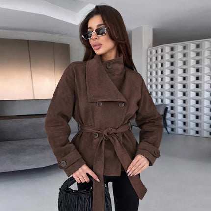Elegant Suede Women Jacket Turn Down Collar Double Breasted Belt Waist Slim Jackets 2026 Autumn Winter Female Fashion Tops