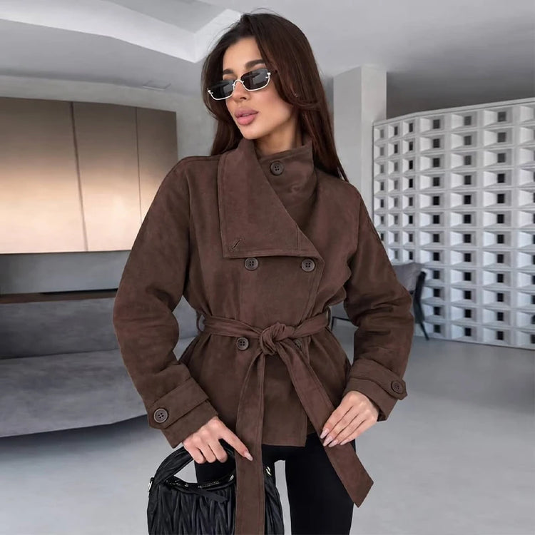 Elegant Suede Women Jacket Turn Down Collar Double Breasted Belt Waist Slim Jackets 2026 Autumn Winter Female Fashion Tops