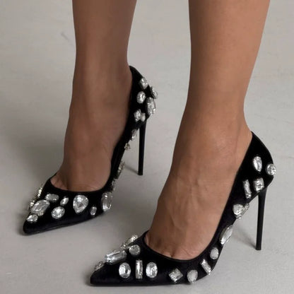 Autumn new pointed toe shallow silk rhinestone single shoes banquet dress large size thin heel high heel customized women's shoe