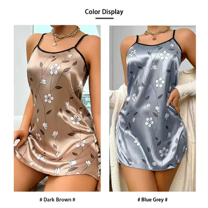 Women's Nightwear Summer Floral Print Satin Nightgown Casual Sleeveless Backless Nightdress Sexy Nightwear Home Clothes