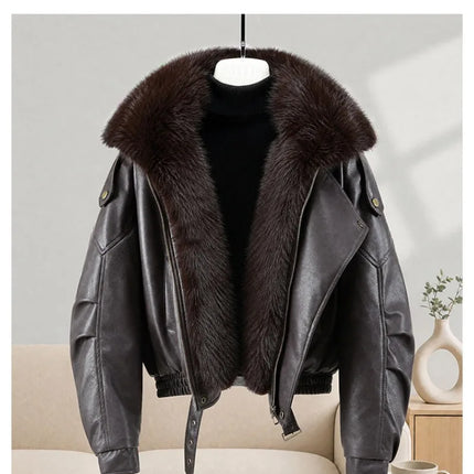 New Parkas Women Leather Jacket Big Fur Collar Tooling Cotton Jacket 2026 Winter Thicke Warm Cotton Padded Coat Female Outerwear