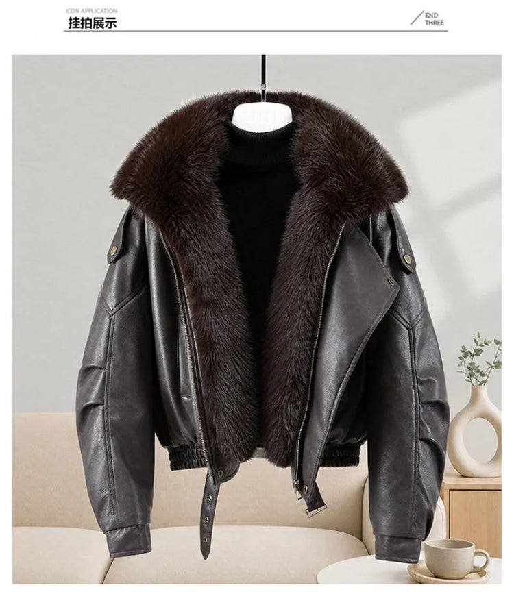 New Parkas Women Leather Jacket Big Fur Collar Tooling Cotton Jacket 2026 Winter Thicke Warm Cotton Padded Coat Female Outerwear