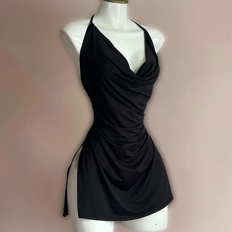 Robe moulante dos nu à col en V rouge Mini-robes coréennes élégantes et minces