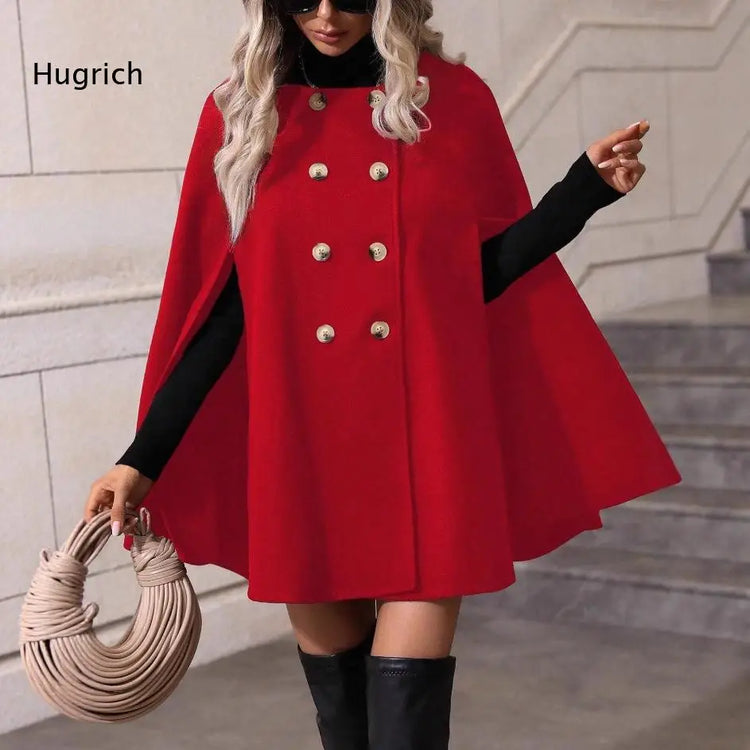 Ladies Mid Length Cape Coat Round Neck Double Breasted Metal Buttons Sleeveless Loose Cloak Outer Jacket For Party