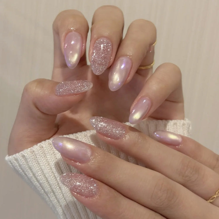 24Pcs Medium Almond Nude‑Pink 3D Textured Metallic Cat‑Eye French Sheer Press‑On False Nails For Nail Art Decor