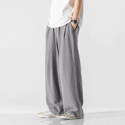 Pantaloni da uomo in cotone e lino, comodi, traspiranti, con elastico in vita, pantaloni da uomo in tinta unita, casual, stile Harajuku, pantaloni larghi a gamba dritta