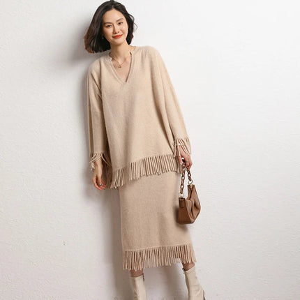 New Straight A-line Skirt Women's 100% Cashmere knitwear Spring Autumn Casual Loose Tassels Soft High Waist Mid Length Skirt PlatiNum