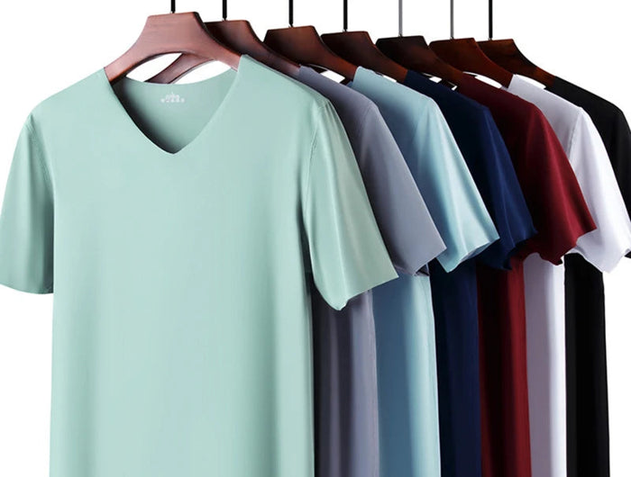 2025 Men's Thin Short Sleeve Ice Silk Without Summer Solid Color T Shirt Trace Slim V-neck Bottoming Seamless Short Sleeve PlatiNum