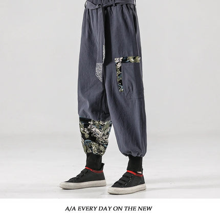Pantaloni da uomo Costume da samurai giapponese Ukiyo-e Cintura con stampa Pantaloni stile harem da uomo in cotone e lino Pantaloni casual Harajuku da uomo Taglie forti 5XL
