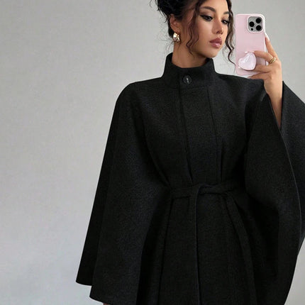 Women's Belted Wool Cape Coat High Neck Stand Collar Batwing Sleeve Loose Fit Winter Warm Poncho Outerwear 2026