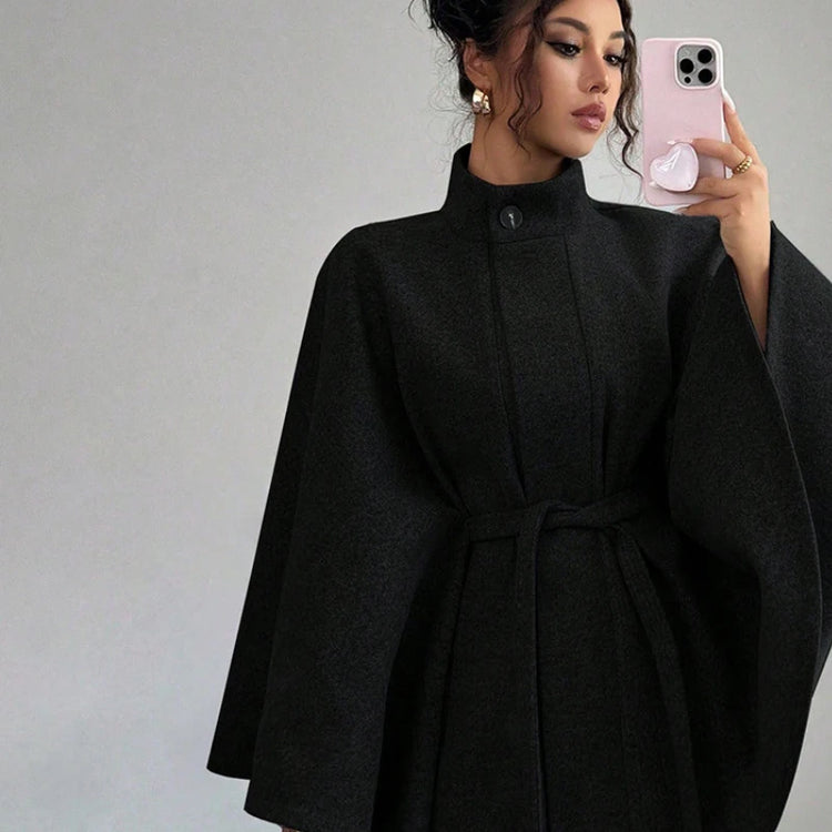 Women's Belted Wool Cape Coat High Neck Stand Collar Batwing Sleeve Loose Fit Winter Warm Poncho Outerwear 2026