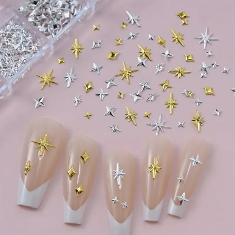 Golden & Silvery Metallic 3D Star Nail Art Charms and Gems - Mixed Styles for DIY Nail Decor, Hypoallergenic Manicure Jewelry2028