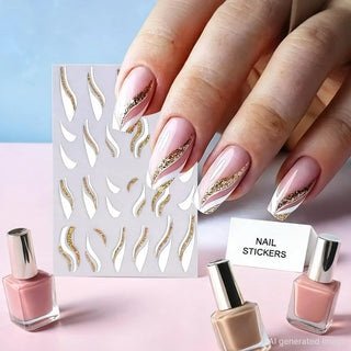 1pcs Gold Glitter French Design Nail Stickers White Silver Curve Lines Stripe Wave Nail Decals Slider Reflective Manicure Wraps