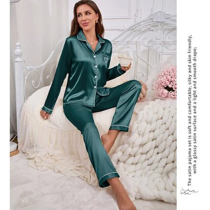 Vestiti per la casa delle donne Pigiama in raso Autunno Tasca a maniche lunghe Ricamo a forma di cuore Top e pantaloni Pigiama Femme Loungewear Pj Set