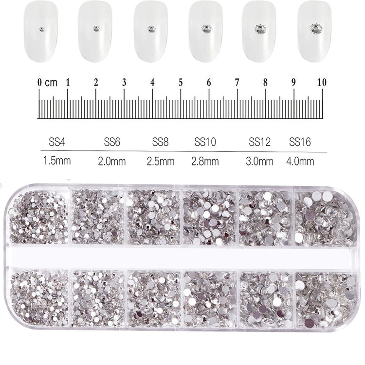 1.5mm-5mm Champagne Glass Crystal Nail Art Gems 12grids Flatback SS4-SS16 Mixed Nail Art Rhinestone Non-Hotfix Diamond Nail Deco