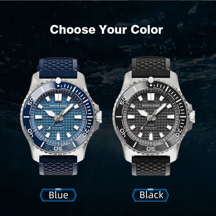 NORTH EDGE NEW Design ABYSS Solar Powered Dive Quartz Wristwatch 200M Waterproof Sports Diving Watch 316L Soft Strap Men Watches