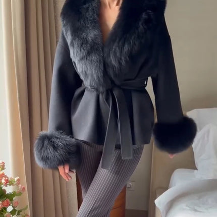 Women Faux Wool Short Coat Faux Fur Collar Cuffs Patchwork Lace-Up Coats Elegant Loose Luxury Ladies Autumn Winter Outerwear