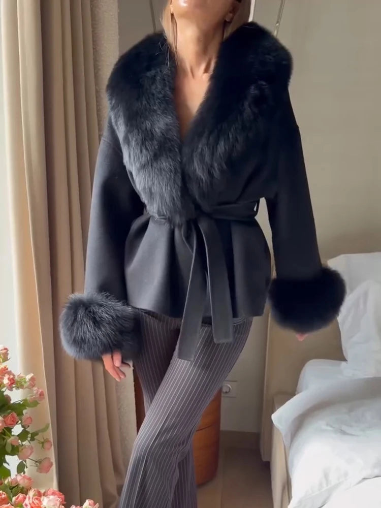 Women Faux Wool Short Coat Faux Fur Collar Cuffs Patchwork Lace-Up Coats Elegant Loose Luxury Ladies Autumn Winter Outerwear