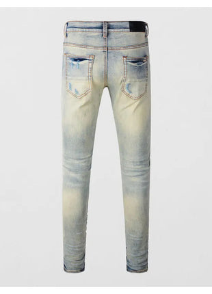 Designer High Street Fashion New Light Blue Men's Jeans Stretch Slimming White Leather Patch Hip Hop Brand Pants HombreY2K PlatiNum