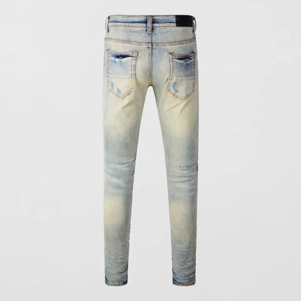 Designer High Street Fashion New Light Blue Men's Jeans Stretch Slimming White Leather Patch Hip Hop Brand Pants HombreY2K PlatiNum