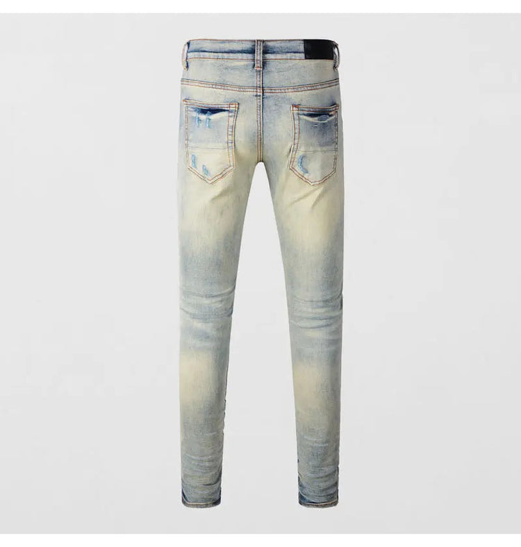 Designer High Street Fashion New Light Blue Men's Jeans Stretch Slimming White Leather Patch Hip Hop Brand Pants HombreY2K PlatiNum