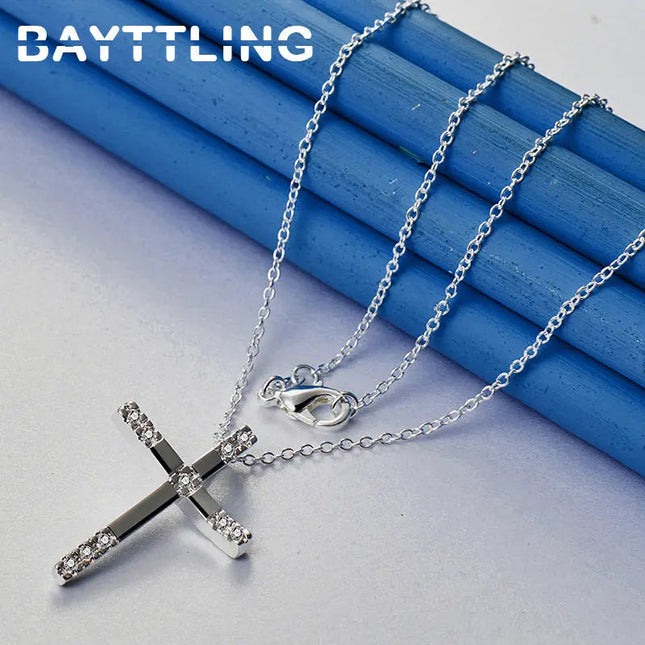 Original 925 Sterling Silver 16-30 Inches Fine Cross Zircon Necklace For Women Men Fashion Wedding Gift Jewelry Accessories PlatiNum