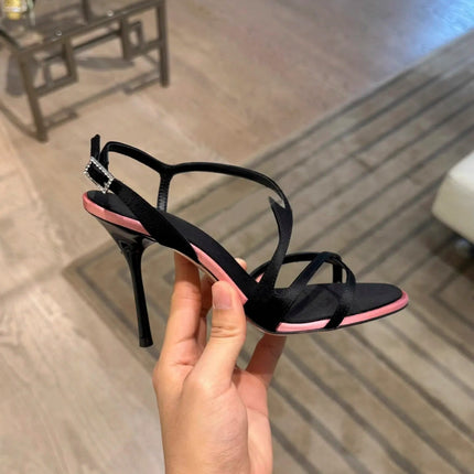 Satin Color Block Stiletto Fashionable High Heels with One Belt 2026 New Summer Sexy Temperament Versatile Sandals PlatiNum